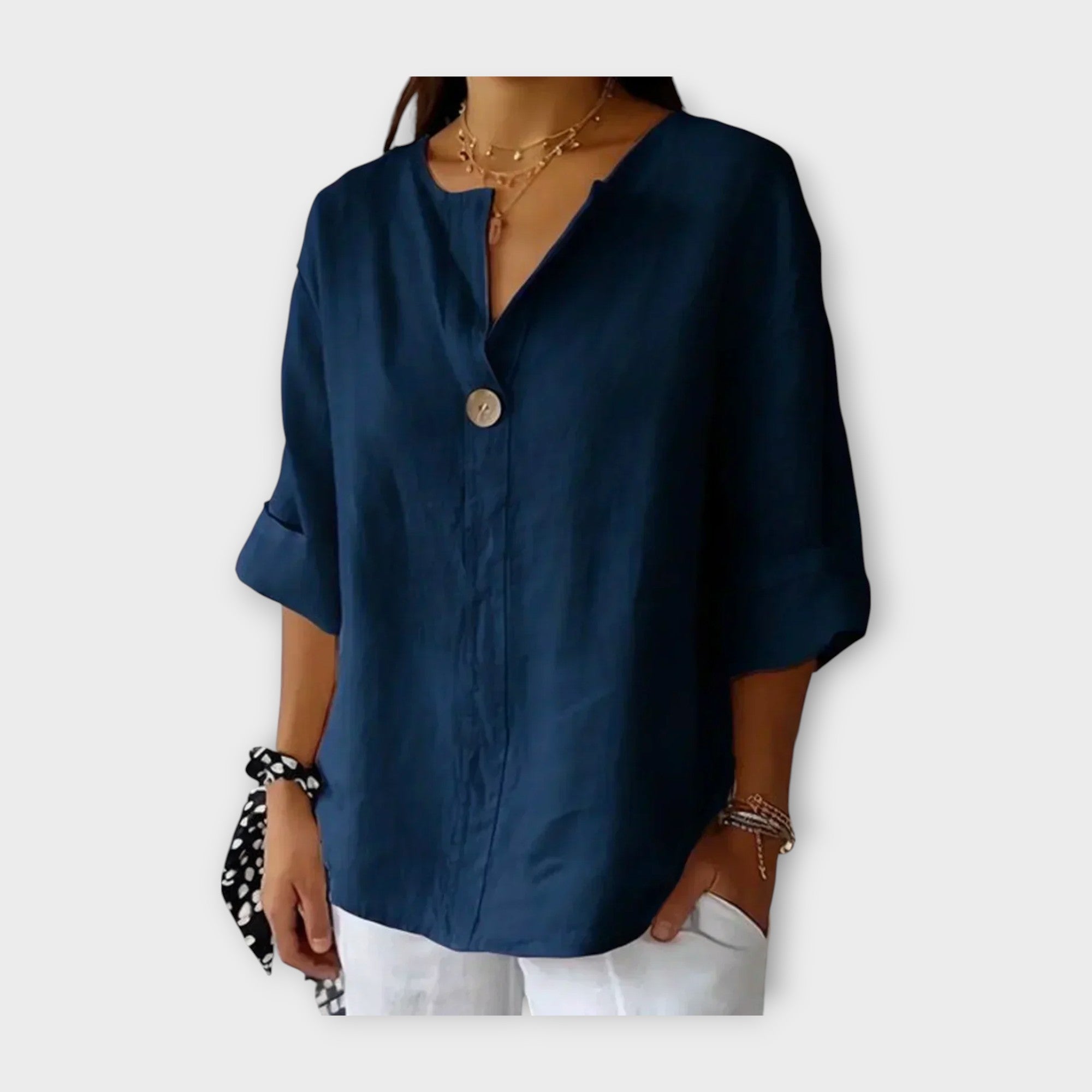 Linen Blouse with Button and V Neckline