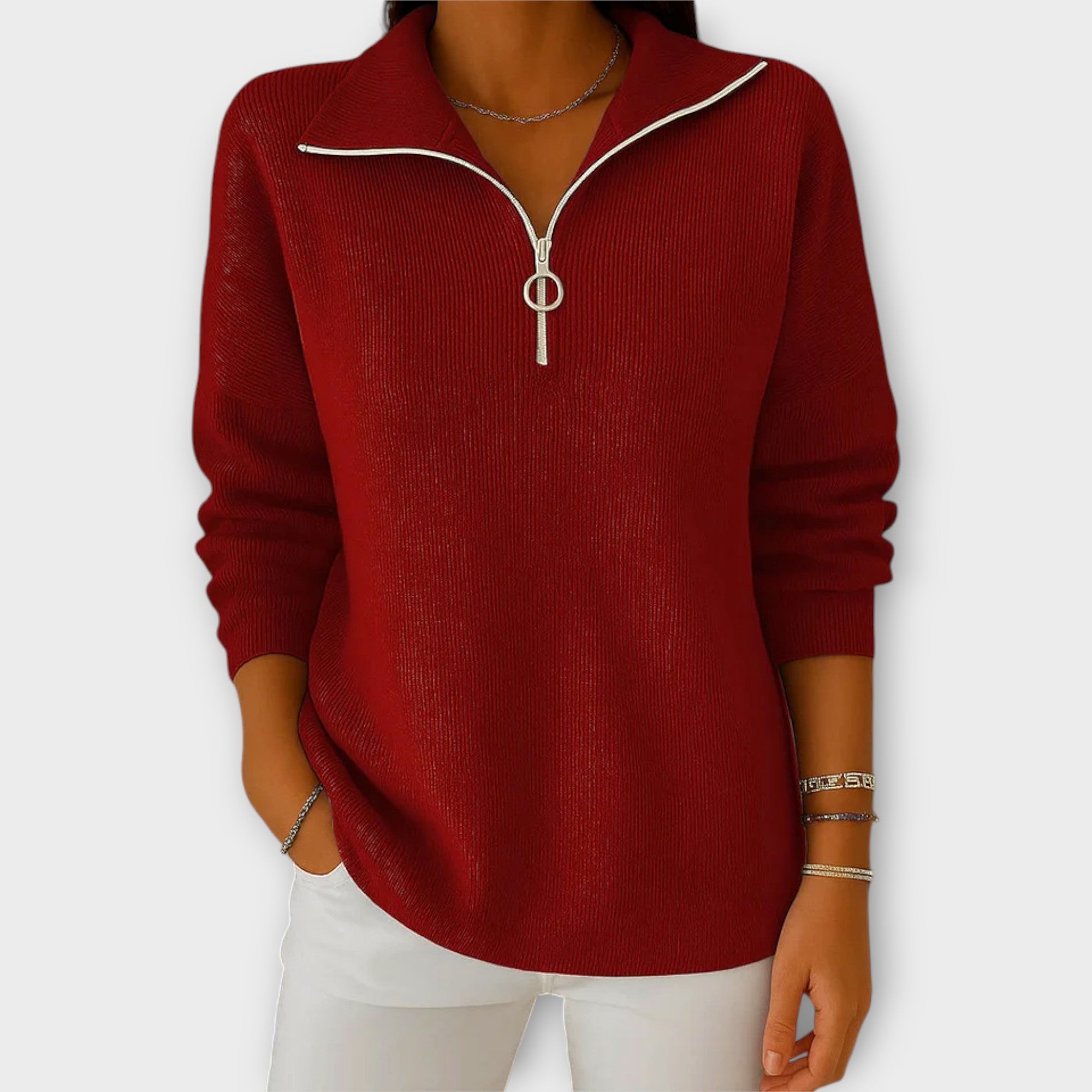 Knitted Sweater with Zip and Elegant Collar