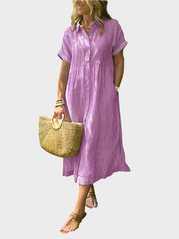 Striped Shirt Dress with Flounces, Buttons and Functional Pockets