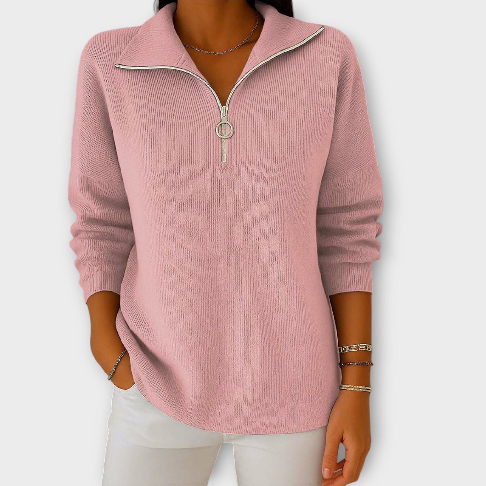 Knitted Sweater with Zip and Elegant Collar