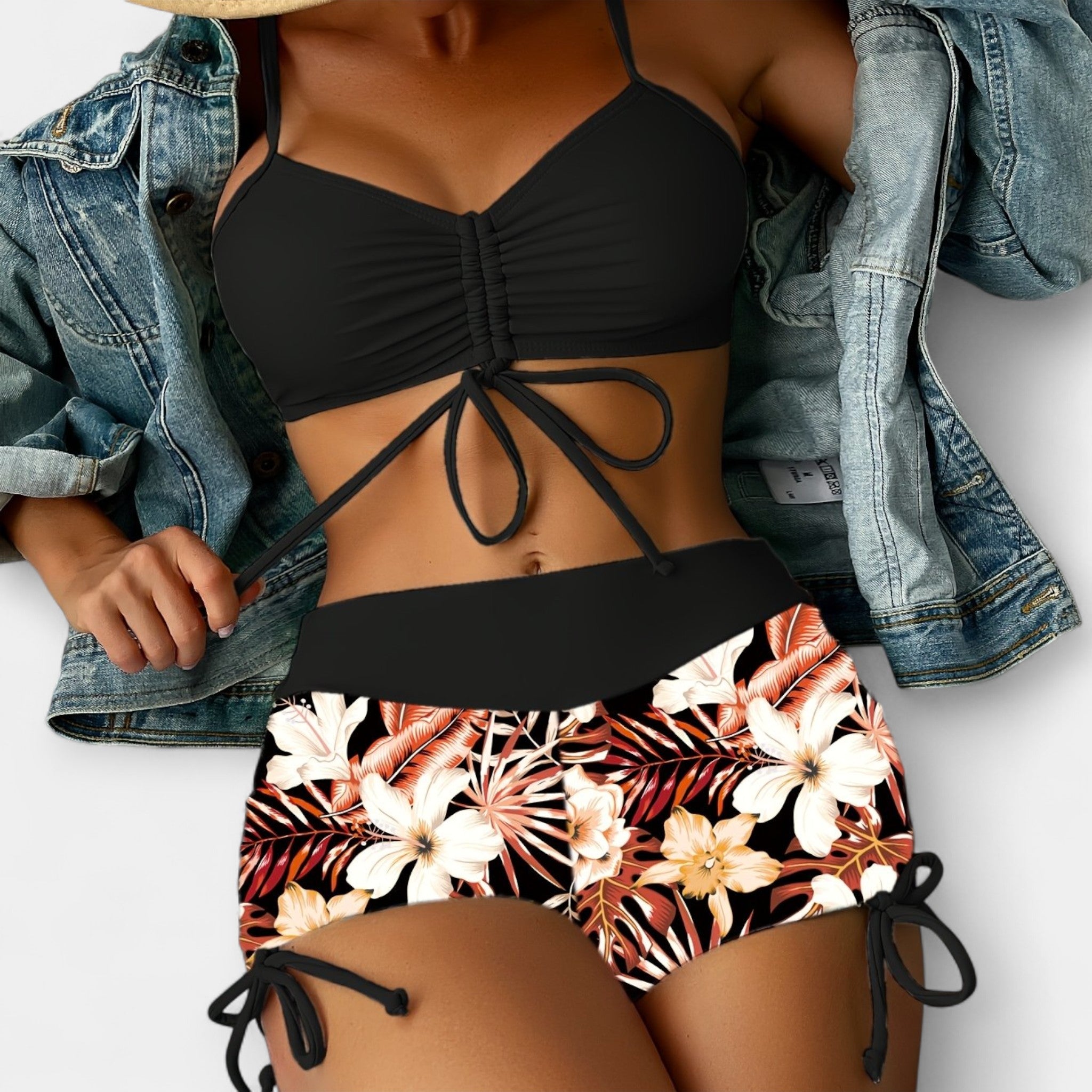 High-Waisted Bikini with Tropical Designs