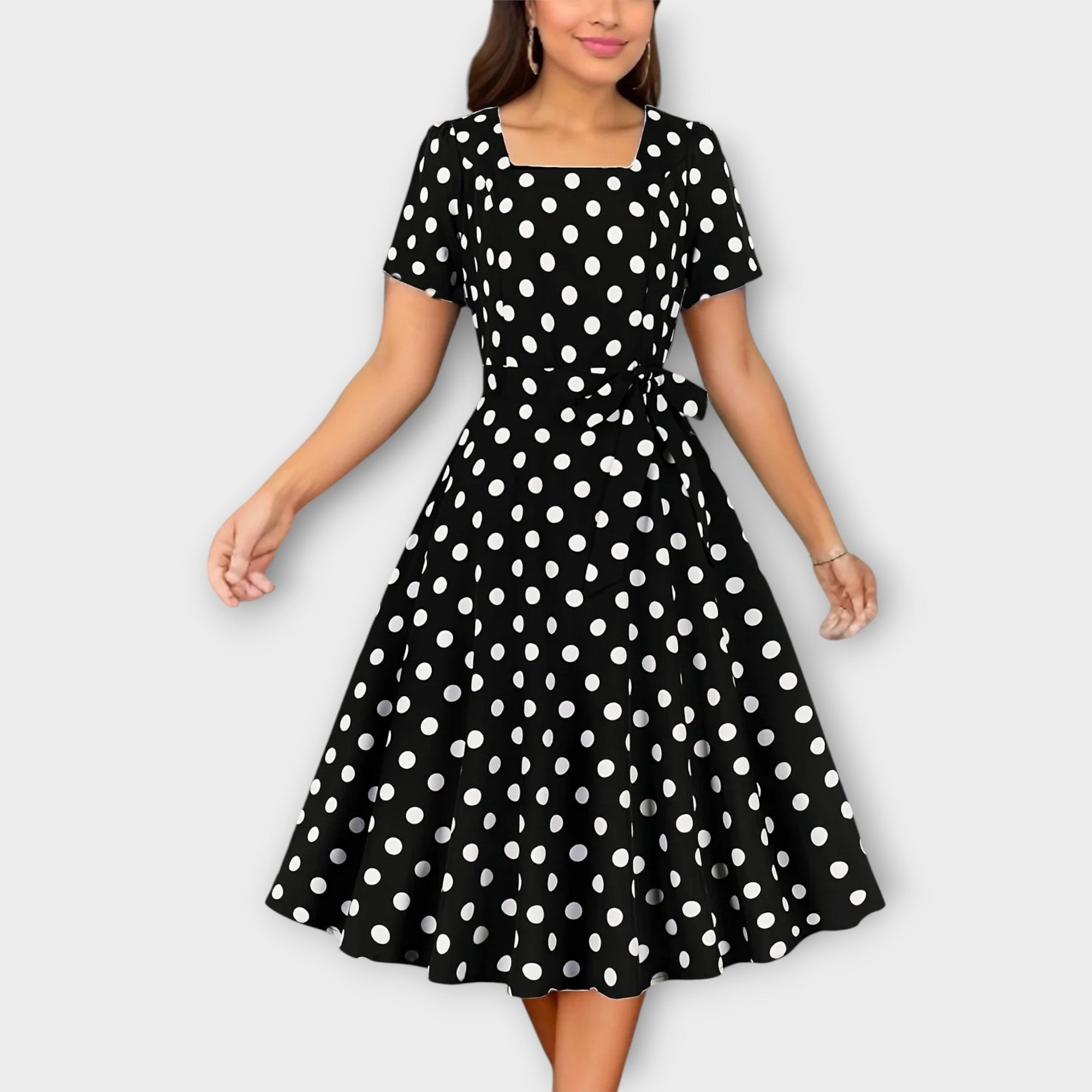 Retro Polka Dot Dress with Belt and Square Neckline