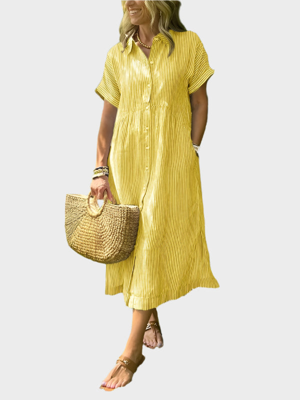 Striped Shirt Dress with Flounces, Buttons and Functional Pockets