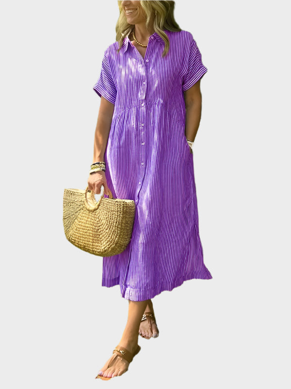 Striped Shirt Dress with Flounces, Buttons and Functional Pockets