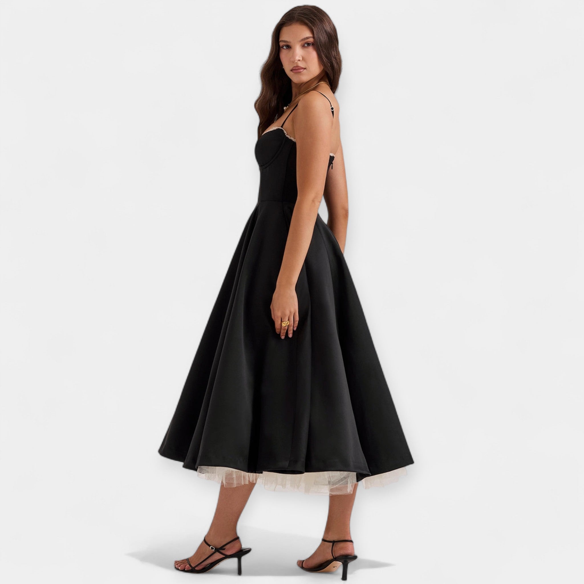 Midi Dress with Tulle Sheer Details