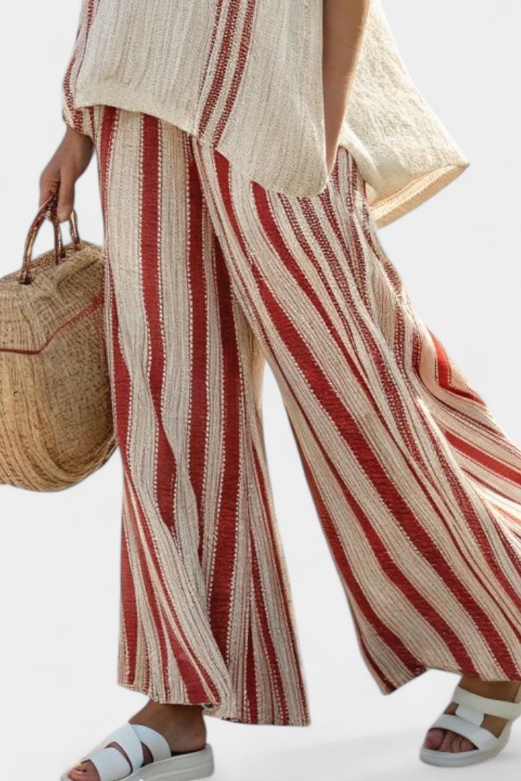 Stunning Two-Piece Daisy Suit with Red Stripes in Natural Texture