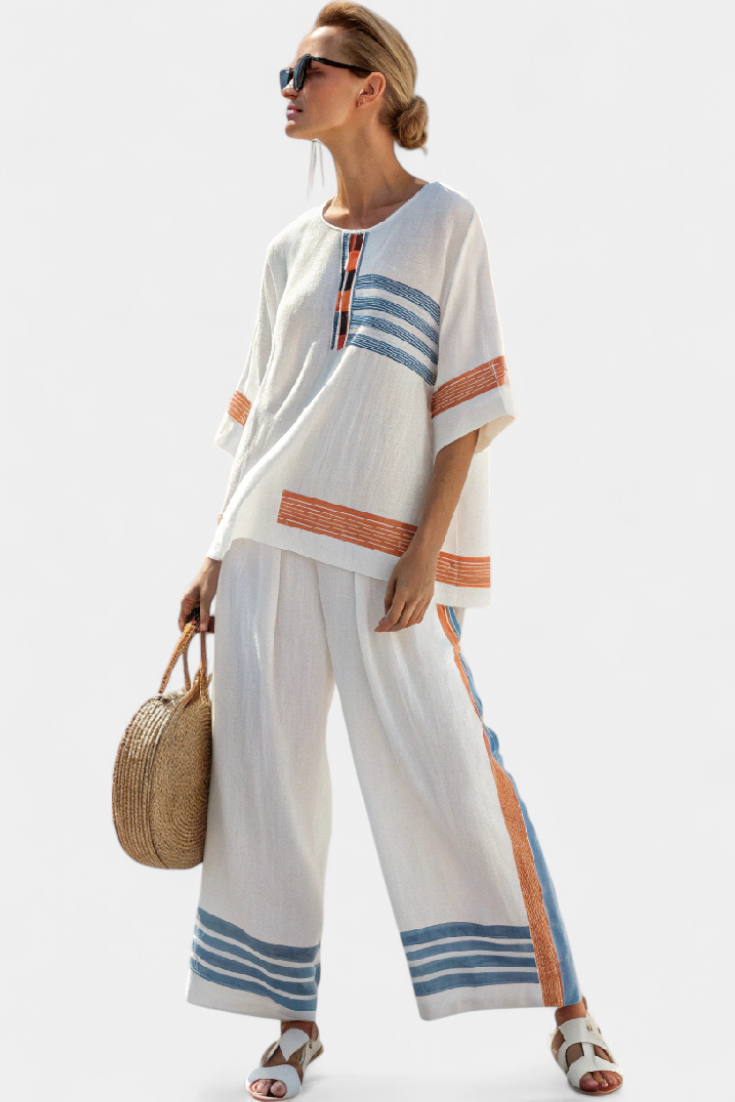Daisy Ethnic Set in White with Blue and Orange Details – Unique and Vibrant Style