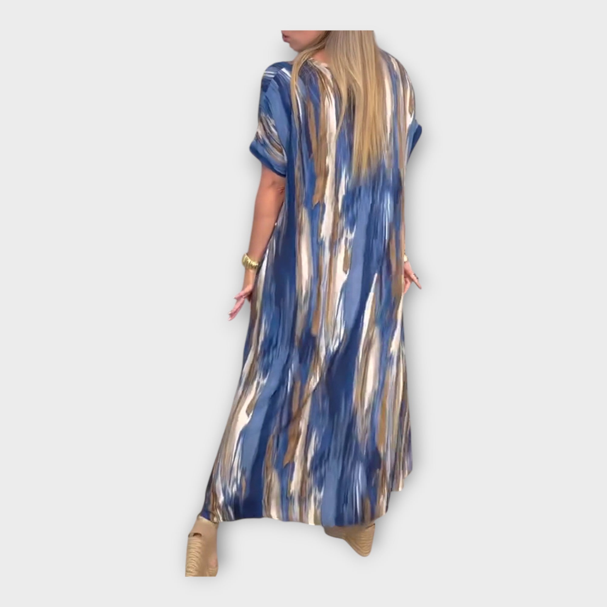 Long Kaftan with V Neckline and Wide Sleeves