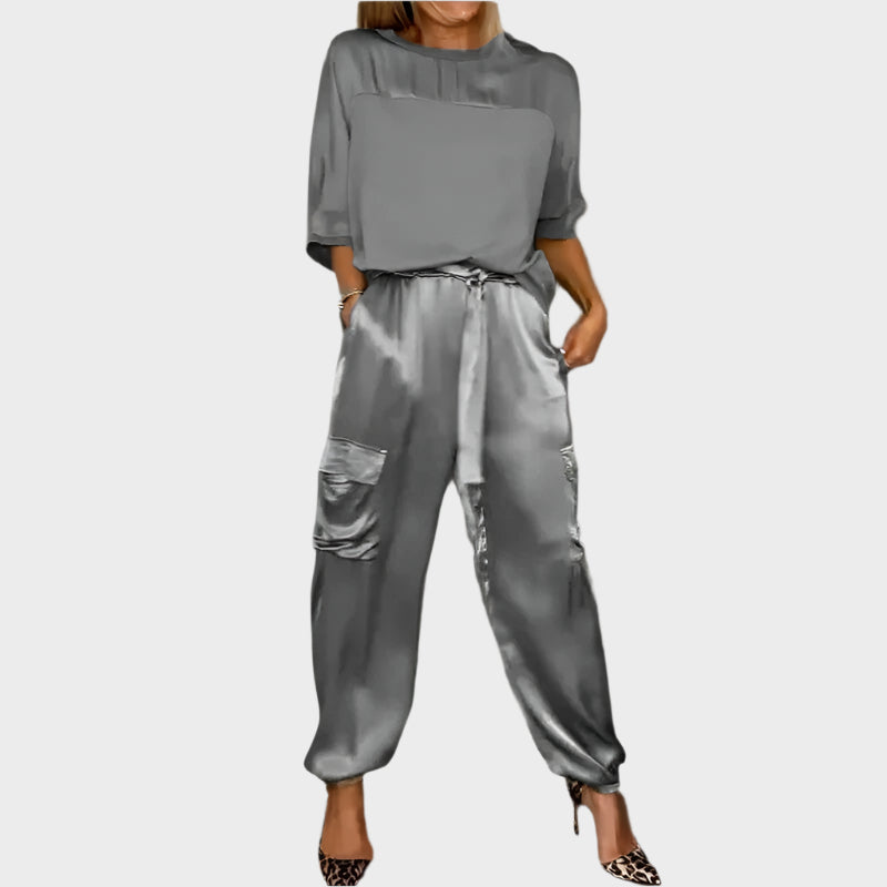 Satin Set with Relaxed Top and Cargo Trousers