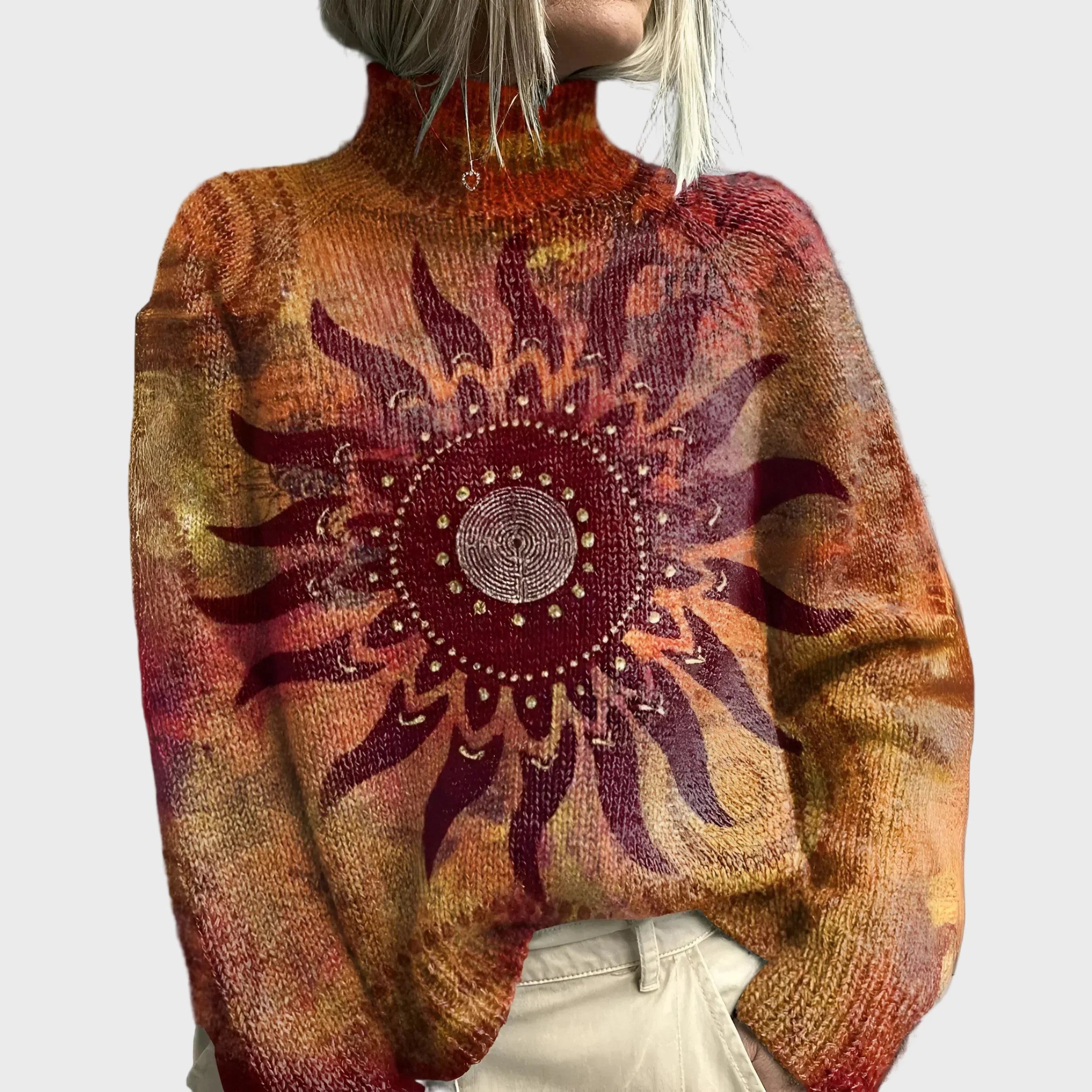 Knitted Turtleneck with Sun and Tribal Design