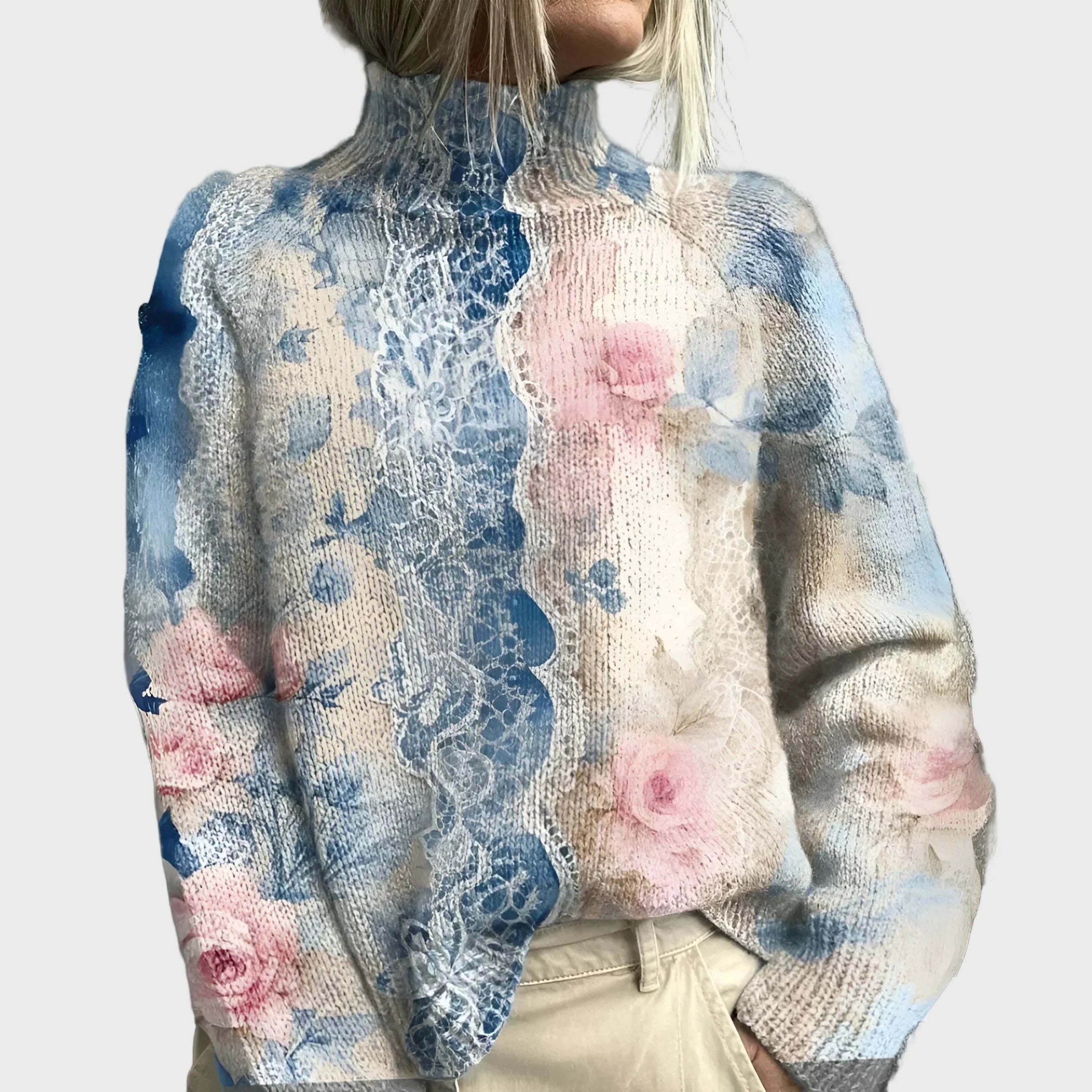Knitted Polo Neck with Elegant Floral Design