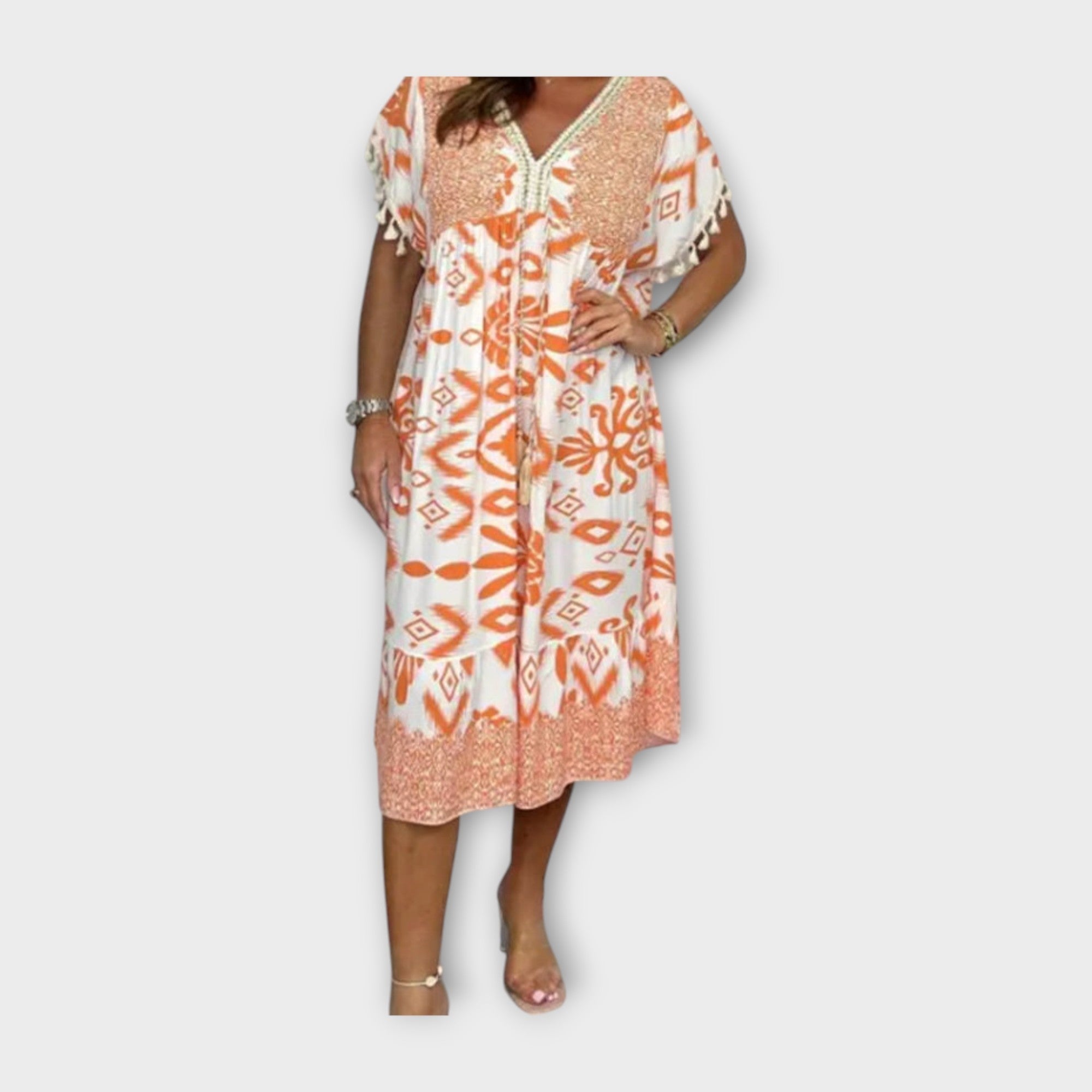 Knee-Length Kaftan with Patterns and Cord